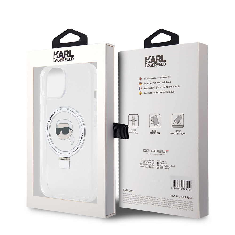 MagSafe tok Apple iPhone 15-höz, Karl Lagerfeld, Ring Stand Karl's Head, Fehér