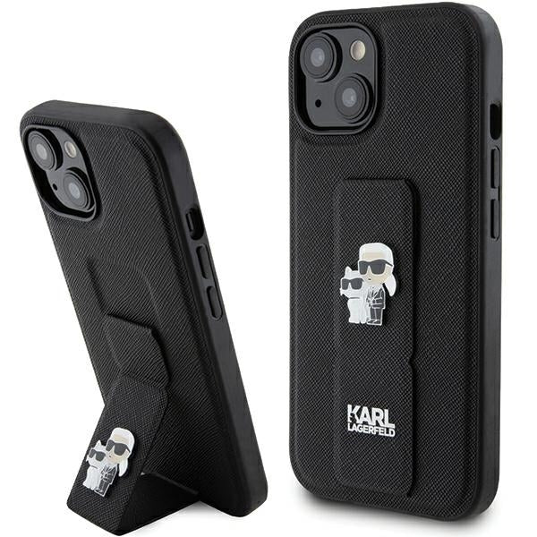 MagSafe tok Apple iPhone 15-höz, Karl Lagerfeld, Saffiano Gripstand Karl & Choupette, Fekete