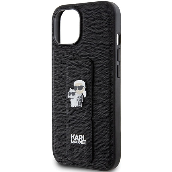 MagSafe tok Apple iPhone 15-höz, Karl Lagerfeld, Saffiano Gripstand Karl & Choupette, Fekete