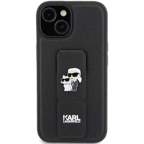 MagSafe tok Apple iPhone 15-höz, Karl Lagerfeld, Saffiano Gripstand Karl & Choupette, Fekete