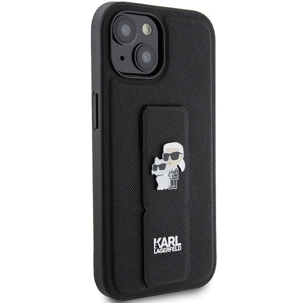MagSafe tok Apple iPhone 15-höz, Karl Lagerfeld, Saffiano Gripstand Karl & Choupette, Fekete