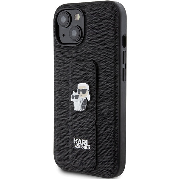 MagSafe tok Apple iPhone 15-höz, Karl Lagerfeld, Saffiano Gripstand Karl & Choupette, Fekete