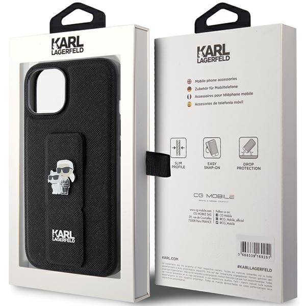 MagSafe tok Apple iPhone 15-höz, Karl Lagerfeld, Saffiano Gripstand Karl & Choupette, Fekete