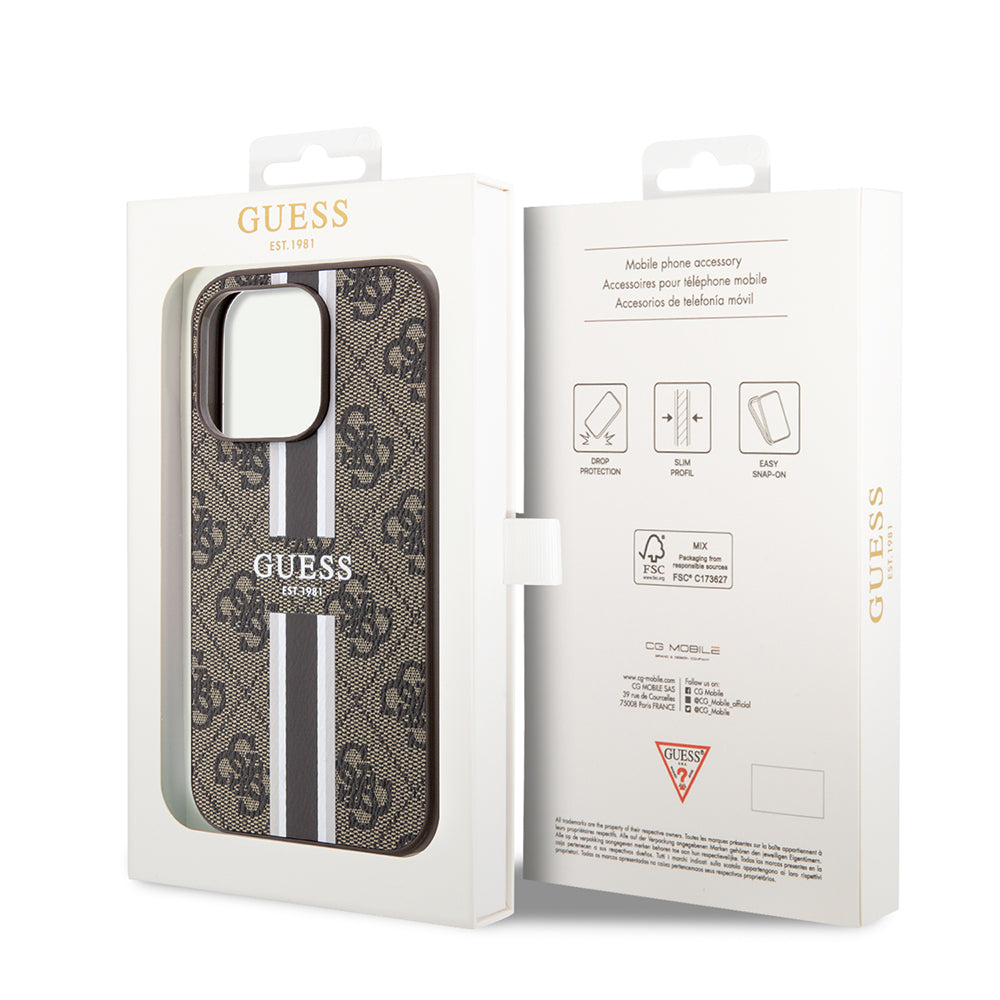 MagSafe tok Apple iPhone 15 Pro-hoz, Guess, 4G Nyomtatott Csíkok, Barna