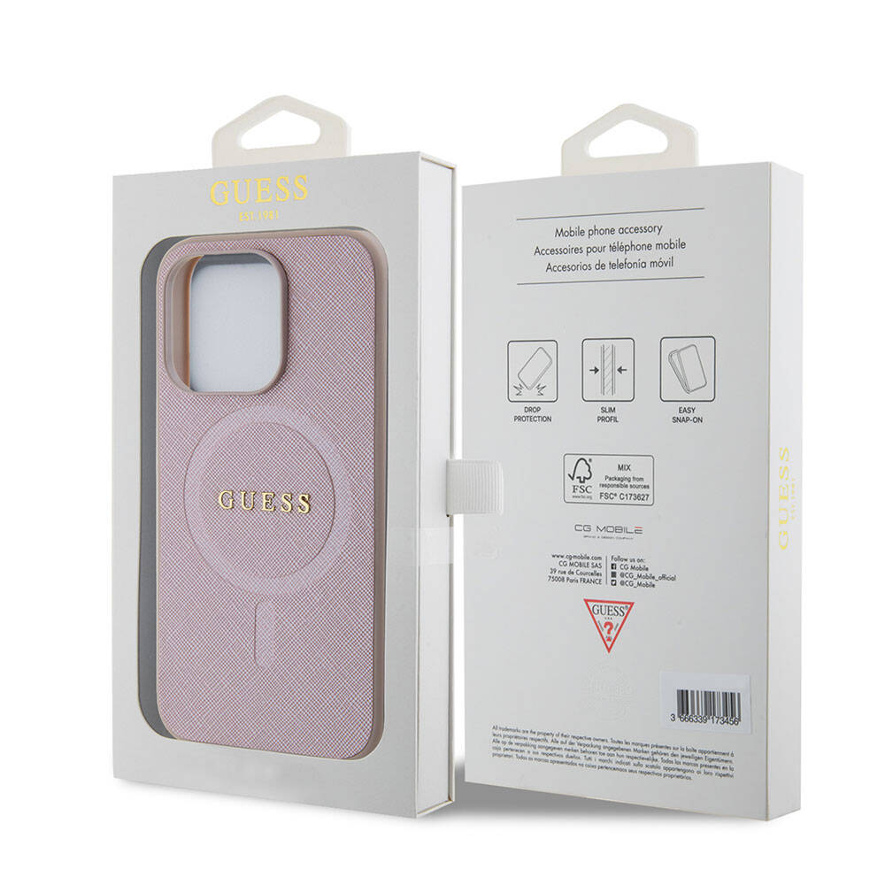 MagSafe tok Apple iPhone 15 Pro-hoz, Guess, Saffiano, Rózsaszín