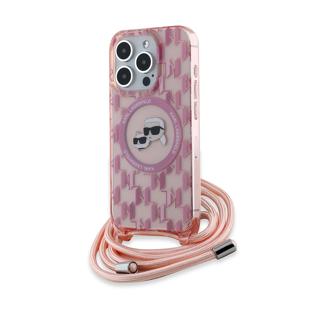 MagSafe tok Apple iPhone 15 Pro-hoz, Karl Lagerfeld, IML Crossbody Monogram Karl & Choupette's Heads, Rózsaszín