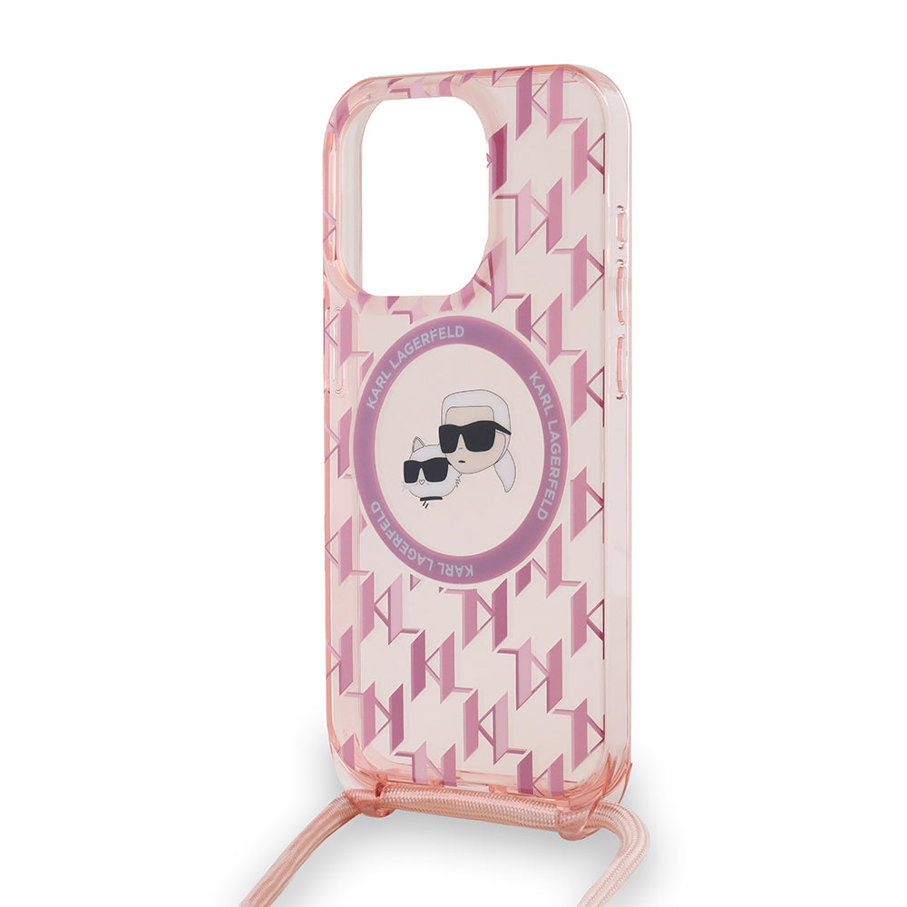 MagSafe tok Apple iPhone 15 Pro-hoz, Karl Lagerfeld, IML Crossbody Monogram Karl & Choupette's Heads, Rózsaszín