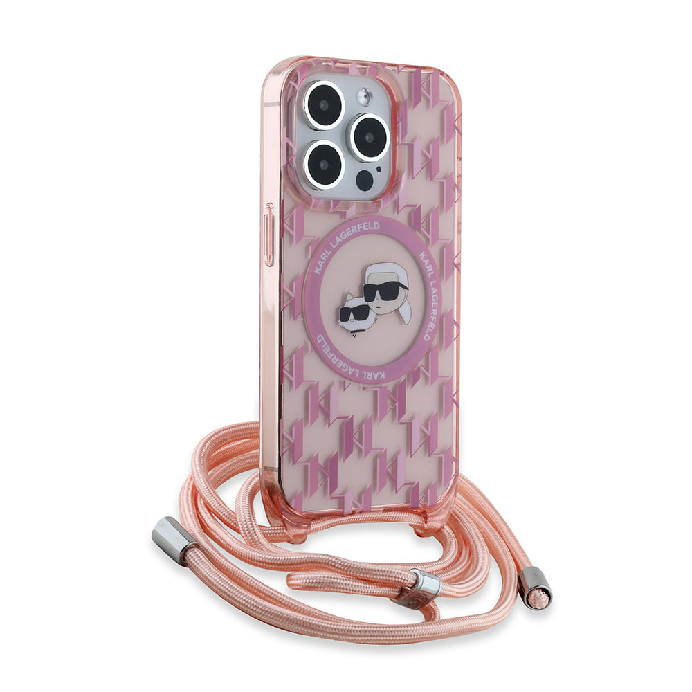 MagSafe tok Apple iPhone 15 Pro-hoz, Karl Lagerfeld, IML Crossbody Monogram Karl & Choupette's Heads, Rózsaszín