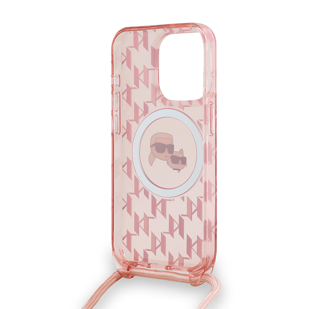 MagSafe tok Apple iPhone 15 Pro-hoz, Karl Lagerfeld, IML Crossbody Monogram Karl & Choupette's Heads, Rózsaszín