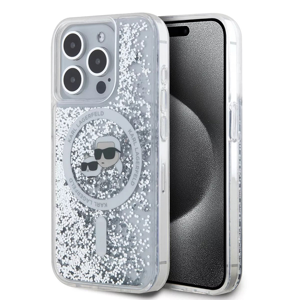 MagSafe tok Apple iPhone 15 Pro-hoz, Karl Lagerfeld, Liquid Glitter Karl & Choupette's Heads, Átlátszó