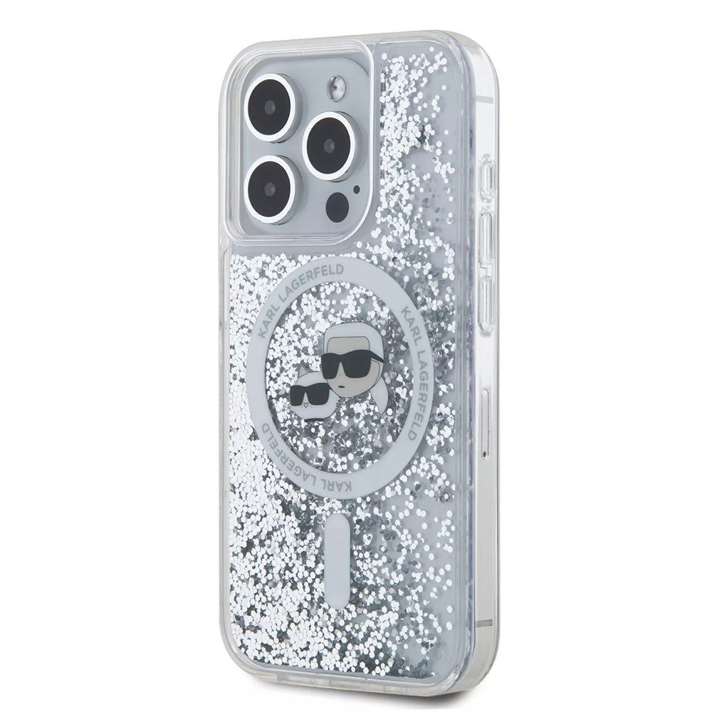 MagSafe tok Apple iPhone 15 Pro-hoz, Karl Lagerfeld, Liquid Glitter Karl & Choupette's Heads, Átlátszó