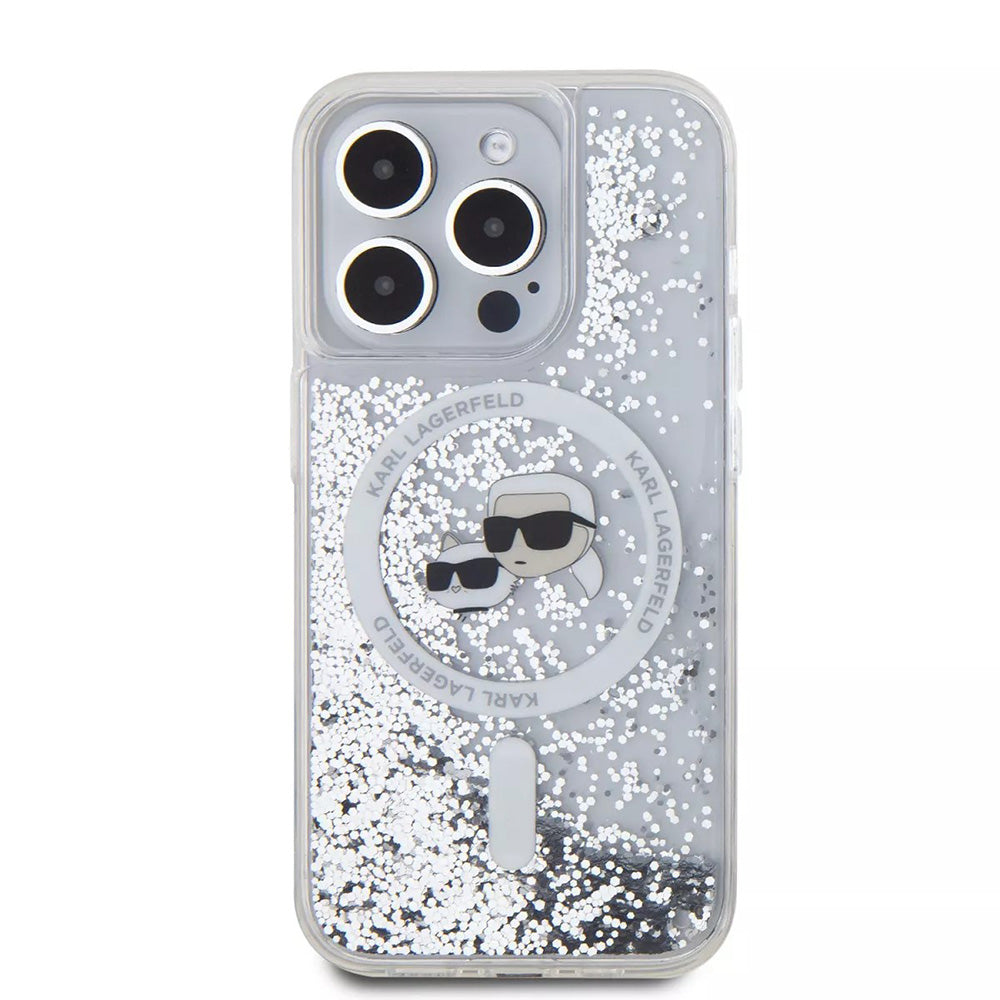 MagSafe tok Apple iPhone 15 Pro-hoz, Karl Lagerfeld, Liquid Glitter Karl & Choupette's Heads, Átlátszó