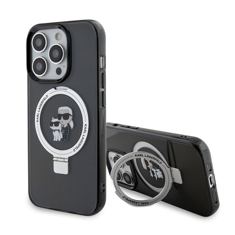 MagSafe tok Apple iPhone 15 Pro-hoz, Karl Lagerfeld, Ring Stand Karl & Choupette, Fekete