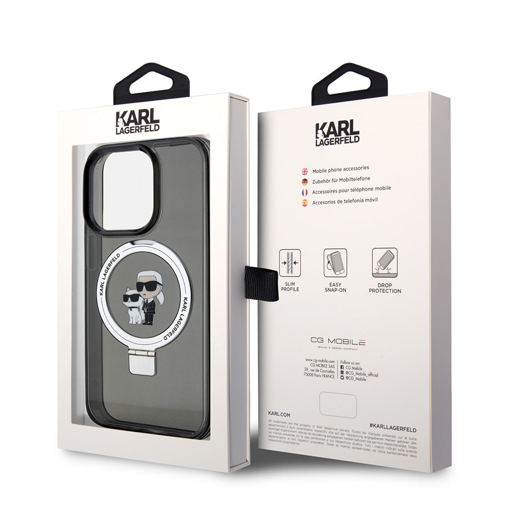 MagSafe tok Apple iPhone 15 Pro-hoz, Karl Lagerfeld, Ring Stand Karl & Choupette, Fekete