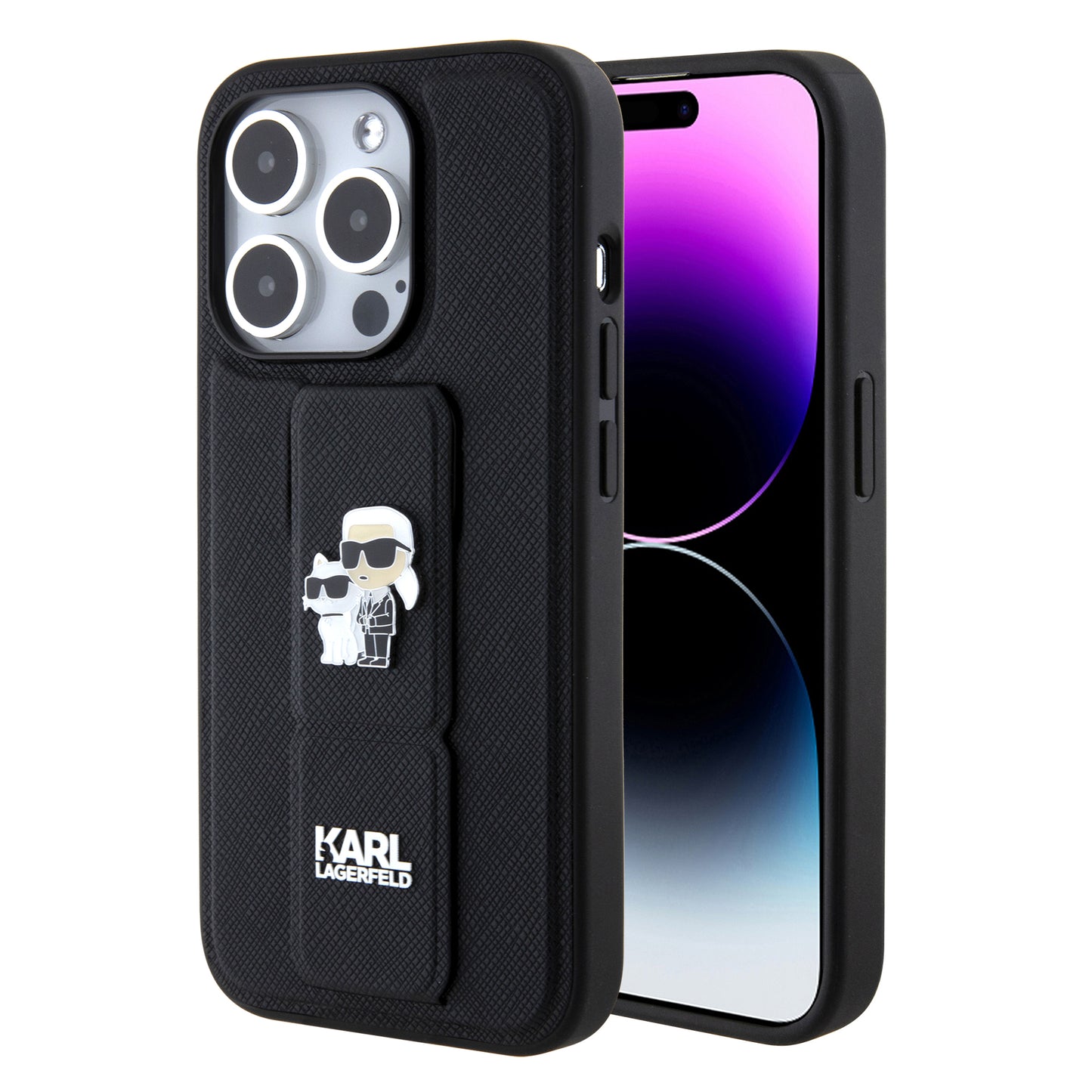 MagSafe tok Apple iPhone 15 Pro-hoz, Karl Lagerfeld, Saffiano Gripstand Karl & Choupette, Fekete
