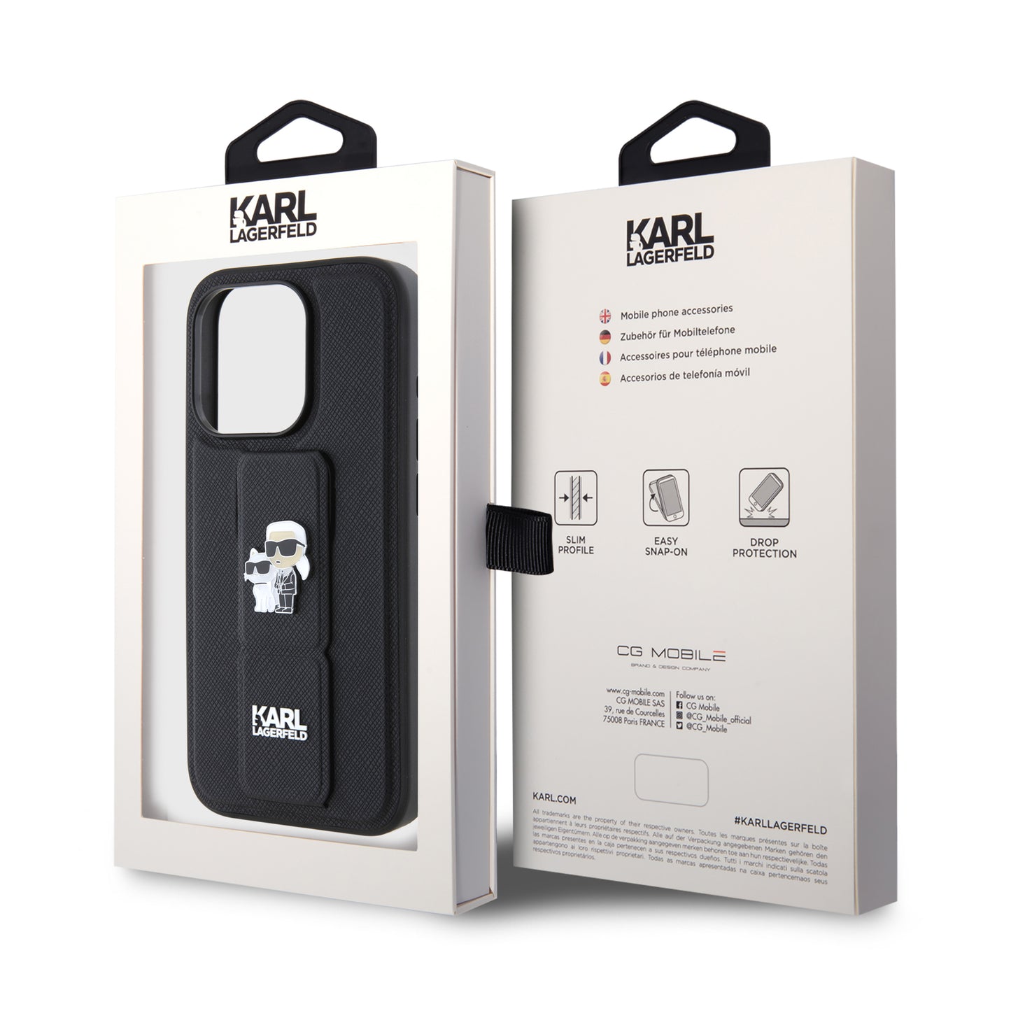 MagSafe tok Apple iPhone 15 Pro-hoz, Karl Lagerfeld, Saffiano Gripstand Karl & Choupette, Fekete
