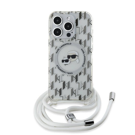 MagSafe Case for Apple iPhone 15 Pro Max, Karl Lagerfeld, IML Crossbody Monogram Karl & Choupette's Heads, Transparent