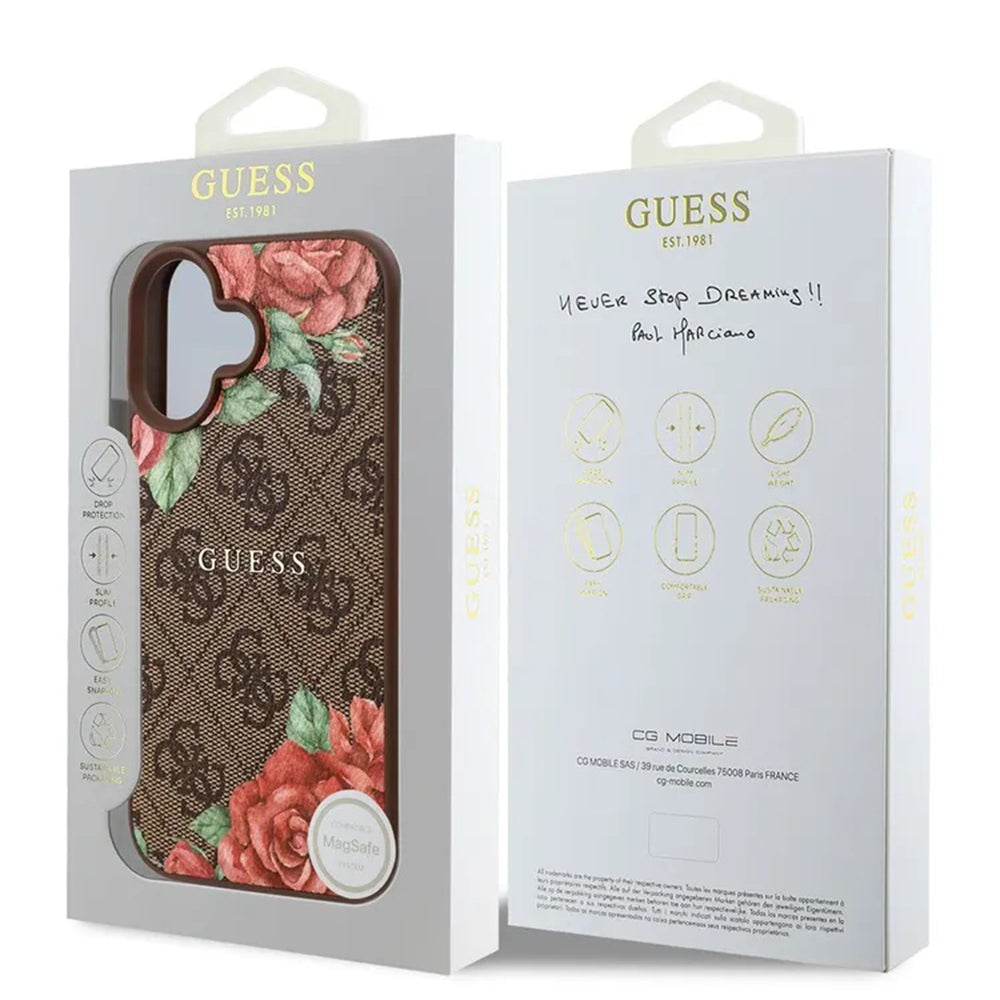MagSafe tok Apple iPhone 16-hoz, Guess, 4G Flowers Print, Barna
