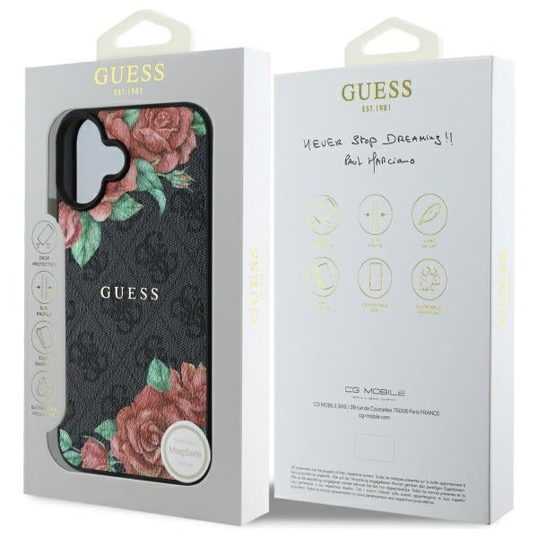 MagSafe tok Apple iPhone 16-hoz, Guess, 4G Flowers Print, Fekete
