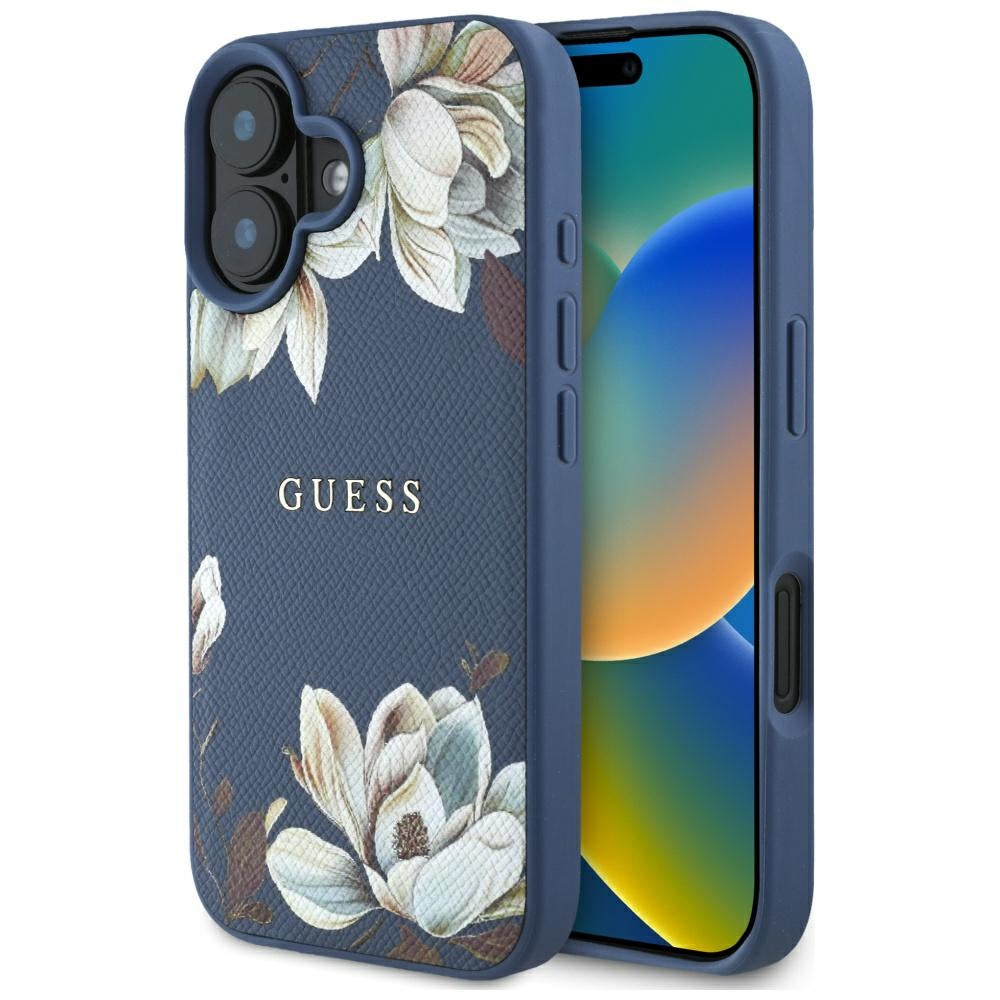 MagSafe tok Apple iPhone 16-hoz, Guess, Grained Flowers, Kék