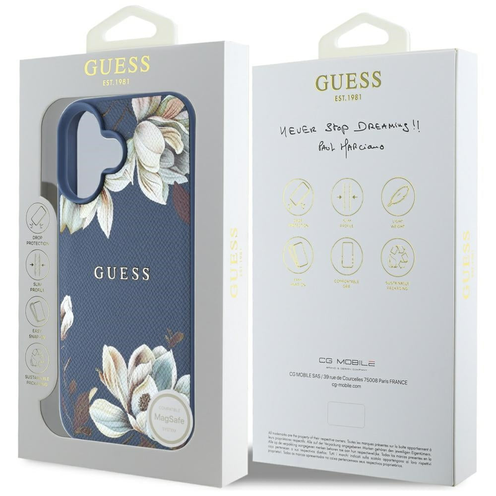 MagSafe tok Apple iPhone 16-hoz, Guess, Grained Flowers, Kék
