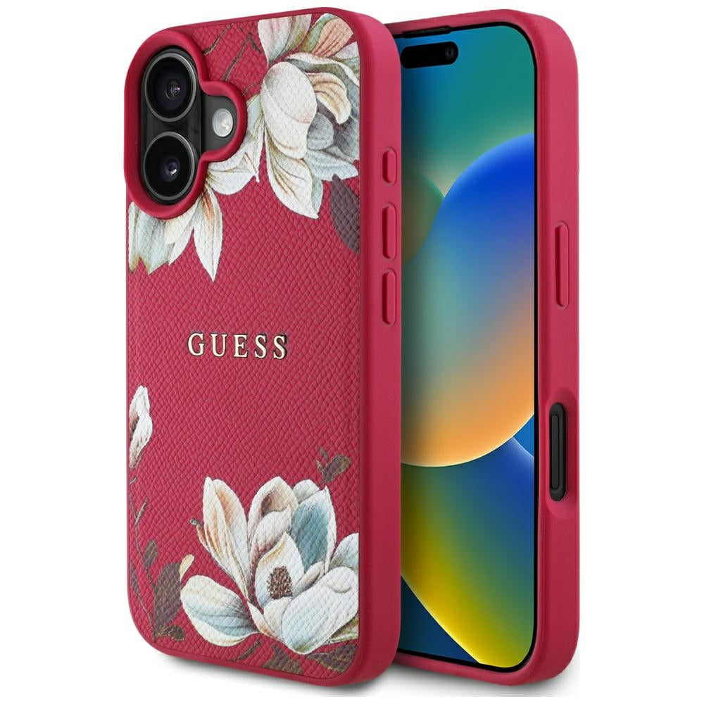 MagSafe tok Apple iPhone 16-hoz, Guess, Grained Flowers, Fukszia