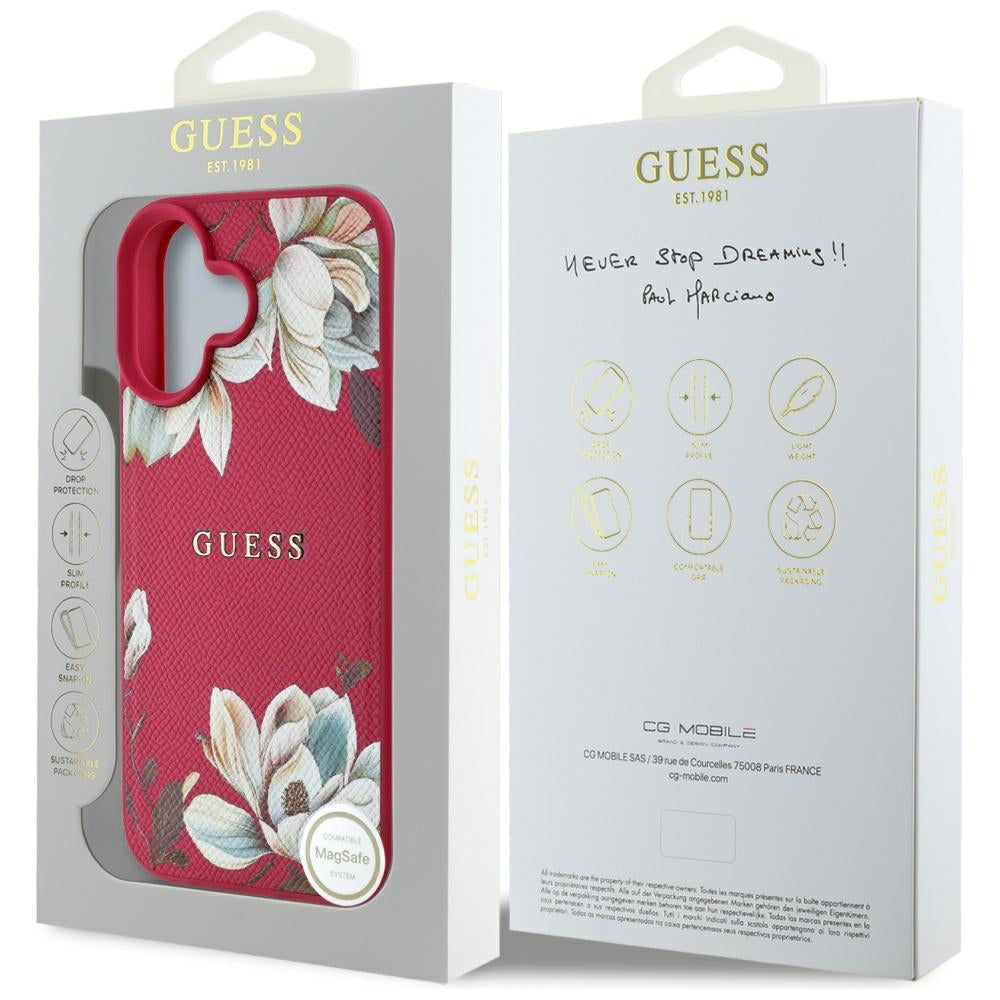 MagSafe tok Apple iPhone 16-hoz, Guess, Grained Flowers, Fukszia