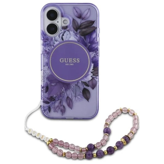 MagSafe tok Apple iPhone 16-hoz, Guess, IML Flowers with Pearl Strap, Lila