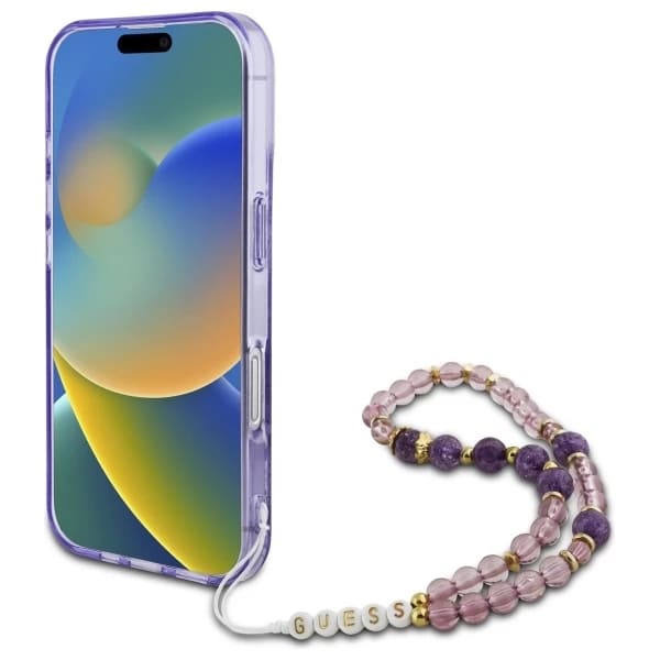 MagSafe tok Apple iPhone 16-hoz, Guess, IML Flowers with Pearl Strap, Lila
