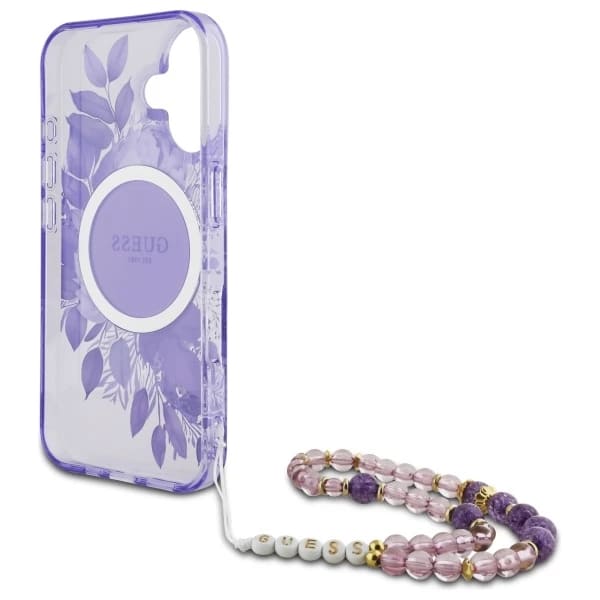 MagSafe tok Apple iPhone 16-hoz, Guess, IML Flowers with Pearl Strap, Lila