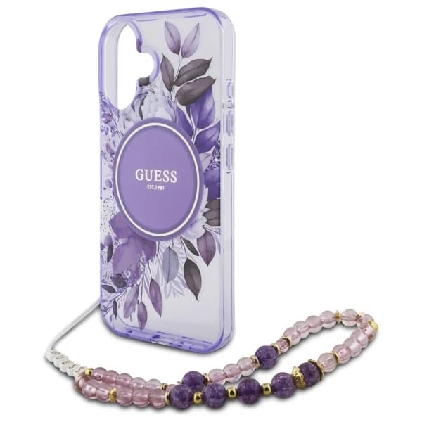 MagSafe tok Apple iPhone 16-hoz, Guess, IML Flowers with Pearl Strap, Lila