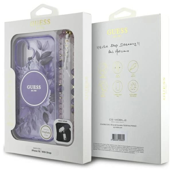 MagSafe tok Apple iPhone 16-hoz, Guess, IML Flowers with Pearl Strap, Lila