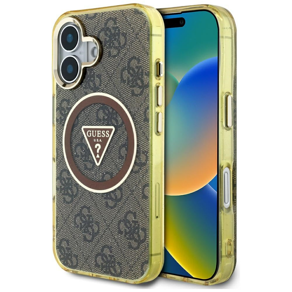 MagSafe tok Apple iPhone 16-hoz, Guess, IML Glitter 4G Circle Triangle, Barna