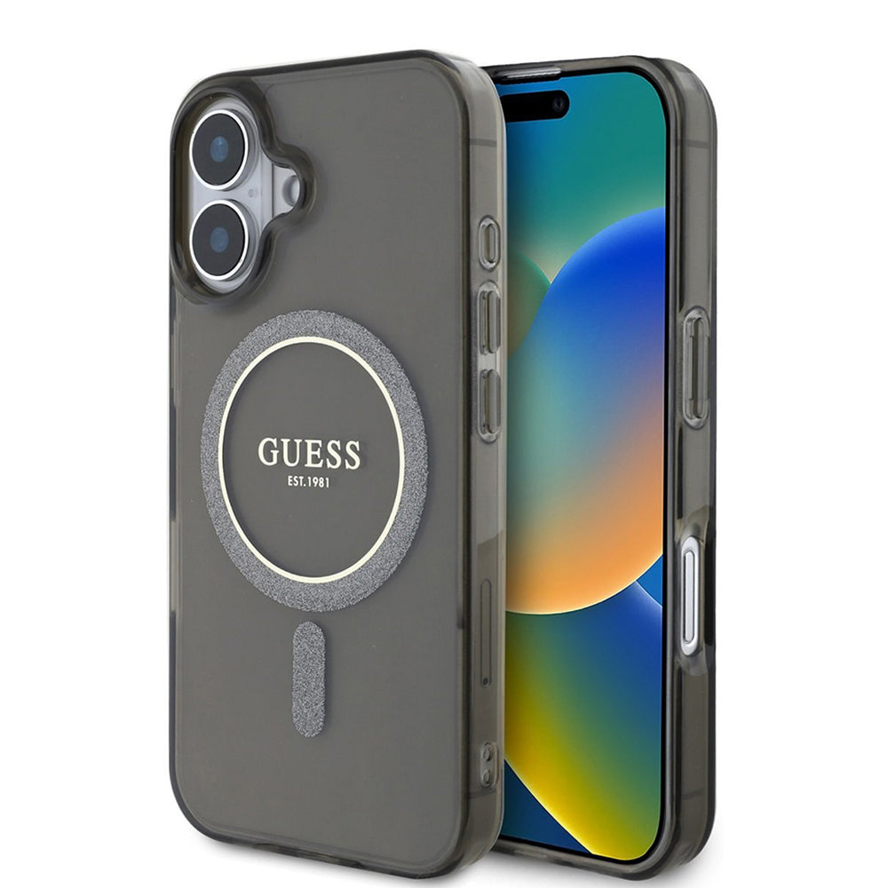 MagSafe Case for Apple iPhone 16, Guess, IML Glitter Circle, Black