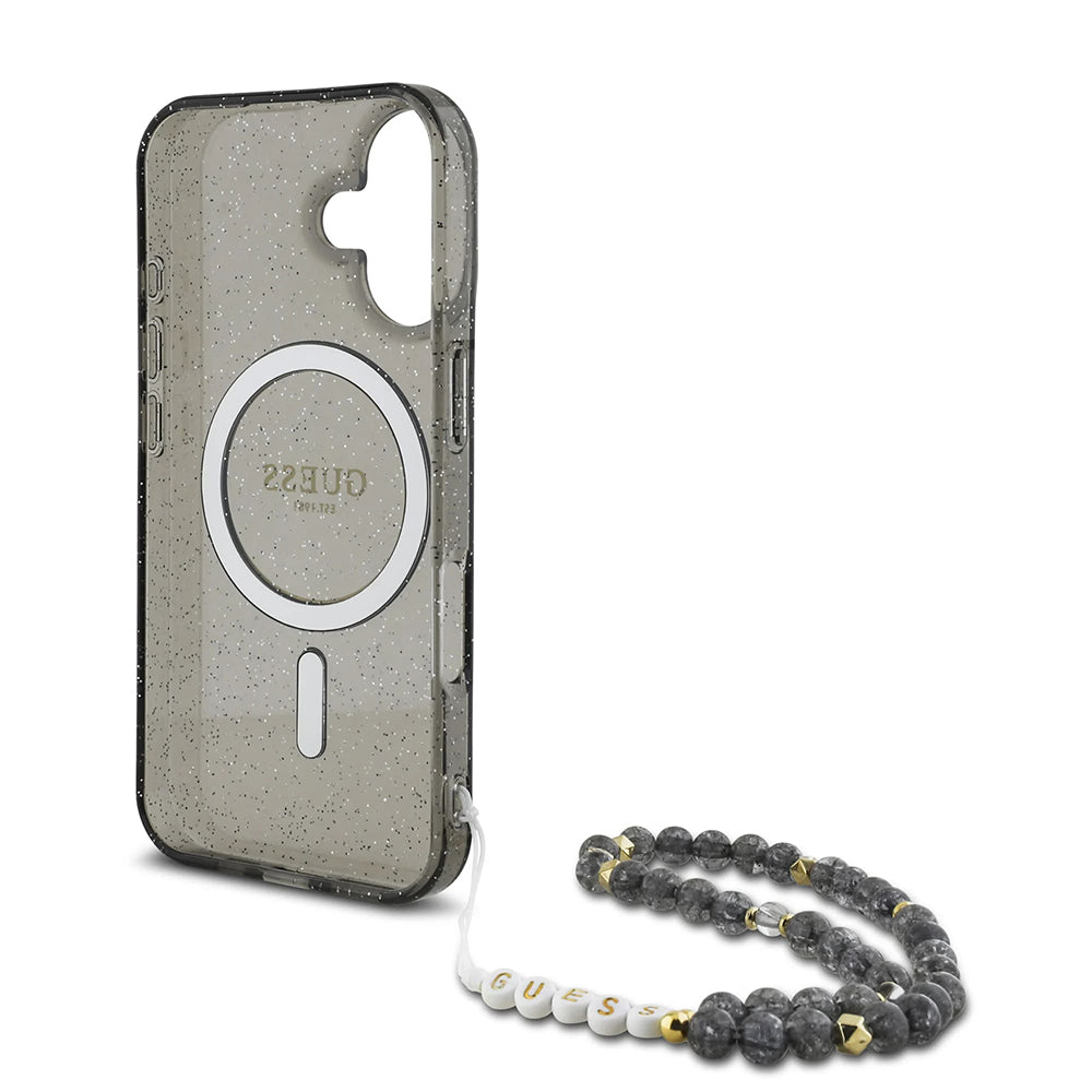 MagSafe tok Apple iPhone 16-hoz, Guess, IML Glitter gyöngyös pánttal, Fekete