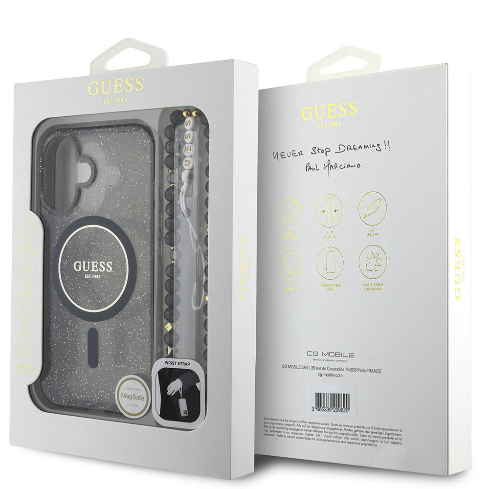 MagSafe tok Apple iPhone 16-hoz, Guess, IML Glitter gyöngyös pánttal, Fekete