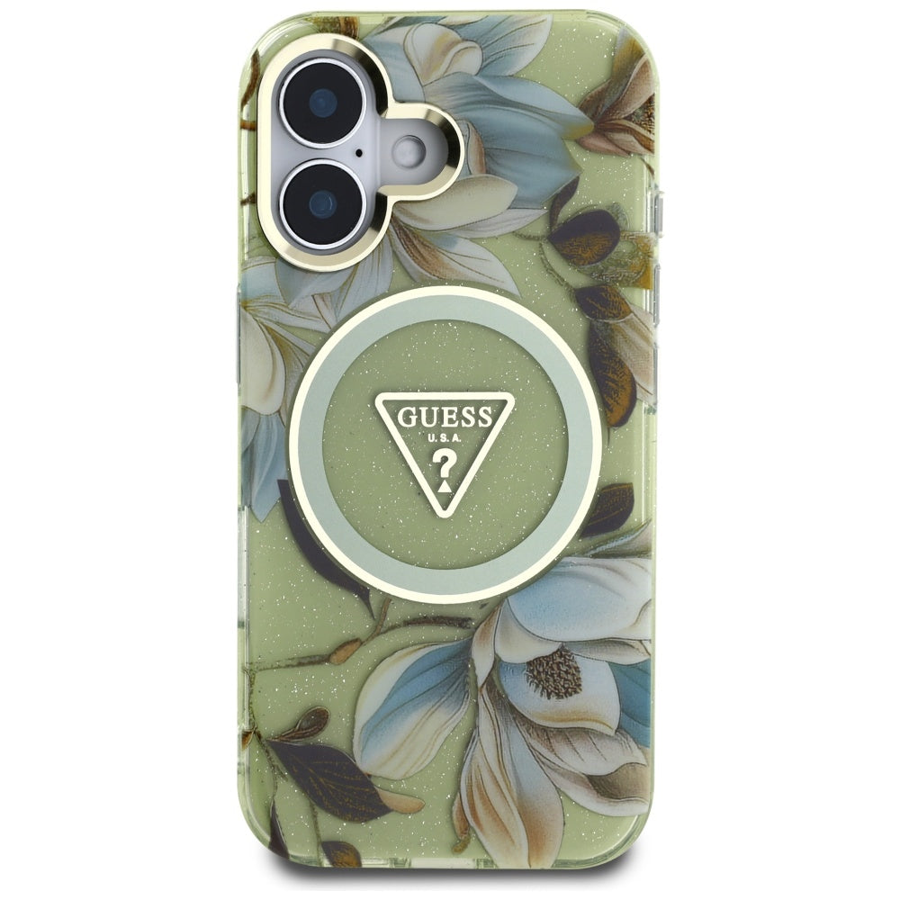 MagSafe Case for Apple iPhone 16, Guess, IML Metal Glitter Flowers Triangle, Green