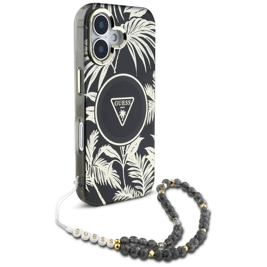 MagSafe tok Apple iPhone 16-hoz, Guess, IML Palm Trees Triangle with Pearl Strap, Fekete