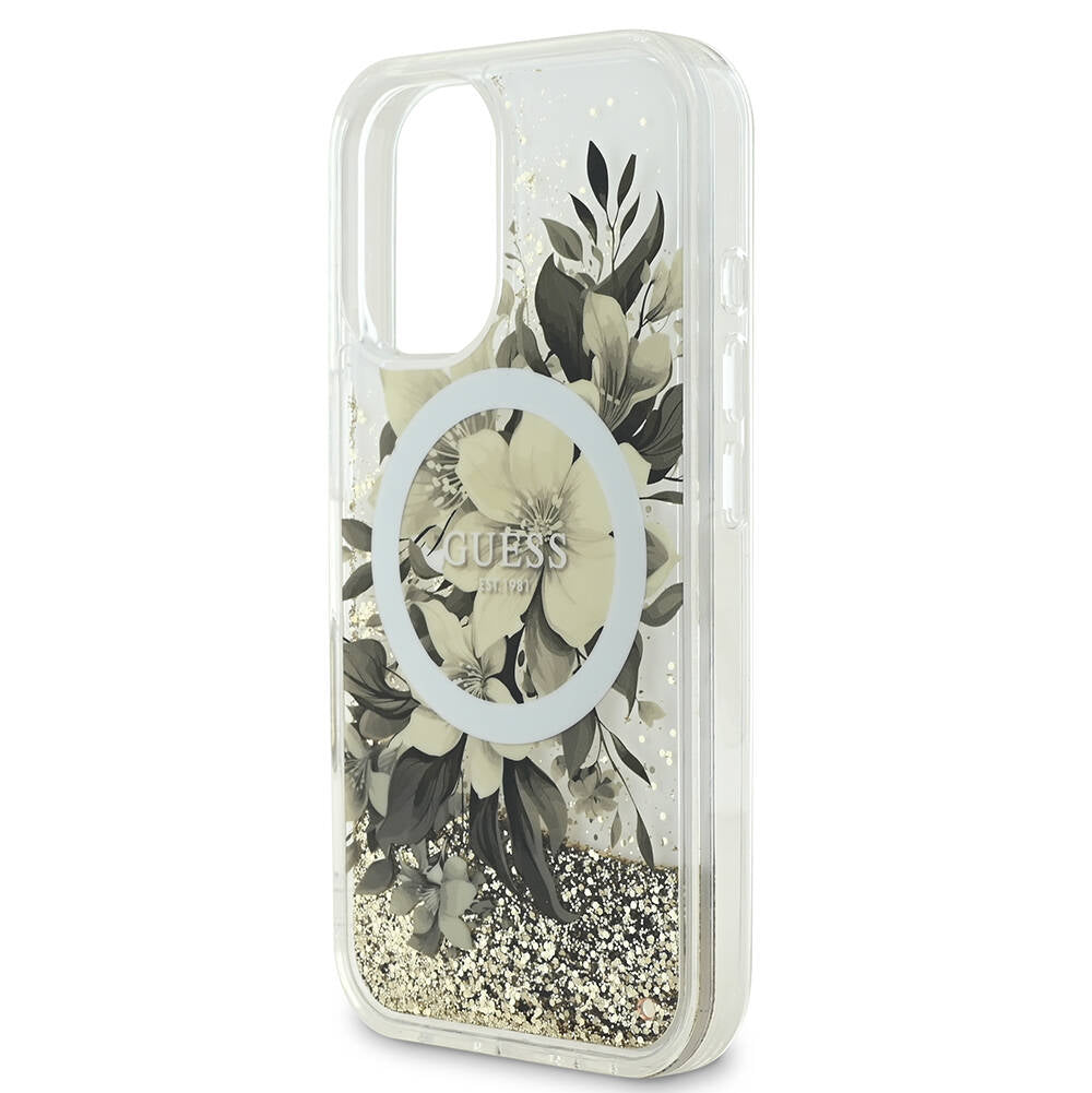 MagSafe tok Apple iPhone 16-hoz, Guess, Liquid Glitter Flower, Bézs