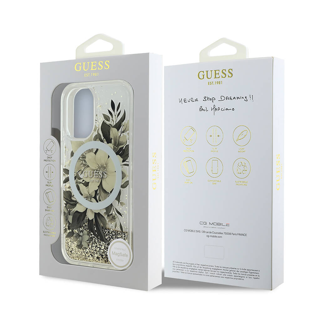 MagSafe tok Apple iPhone 16-hoz, Guess, Liquid Glitter Flower, Bézs