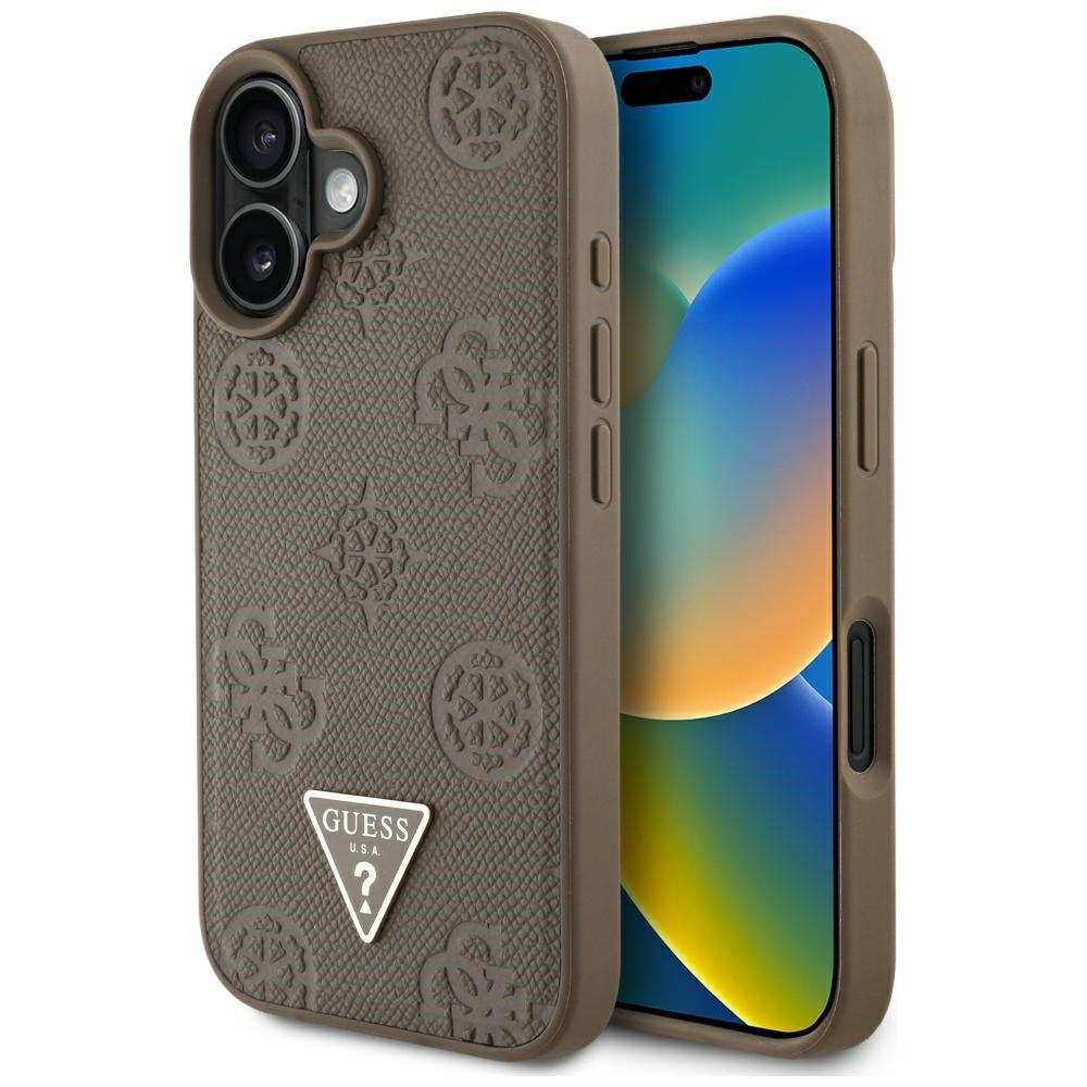 MagSafe tok Apple iPhone 16-hoz, Guess, Peony Grained Hot Stamp Triangle, Barna
