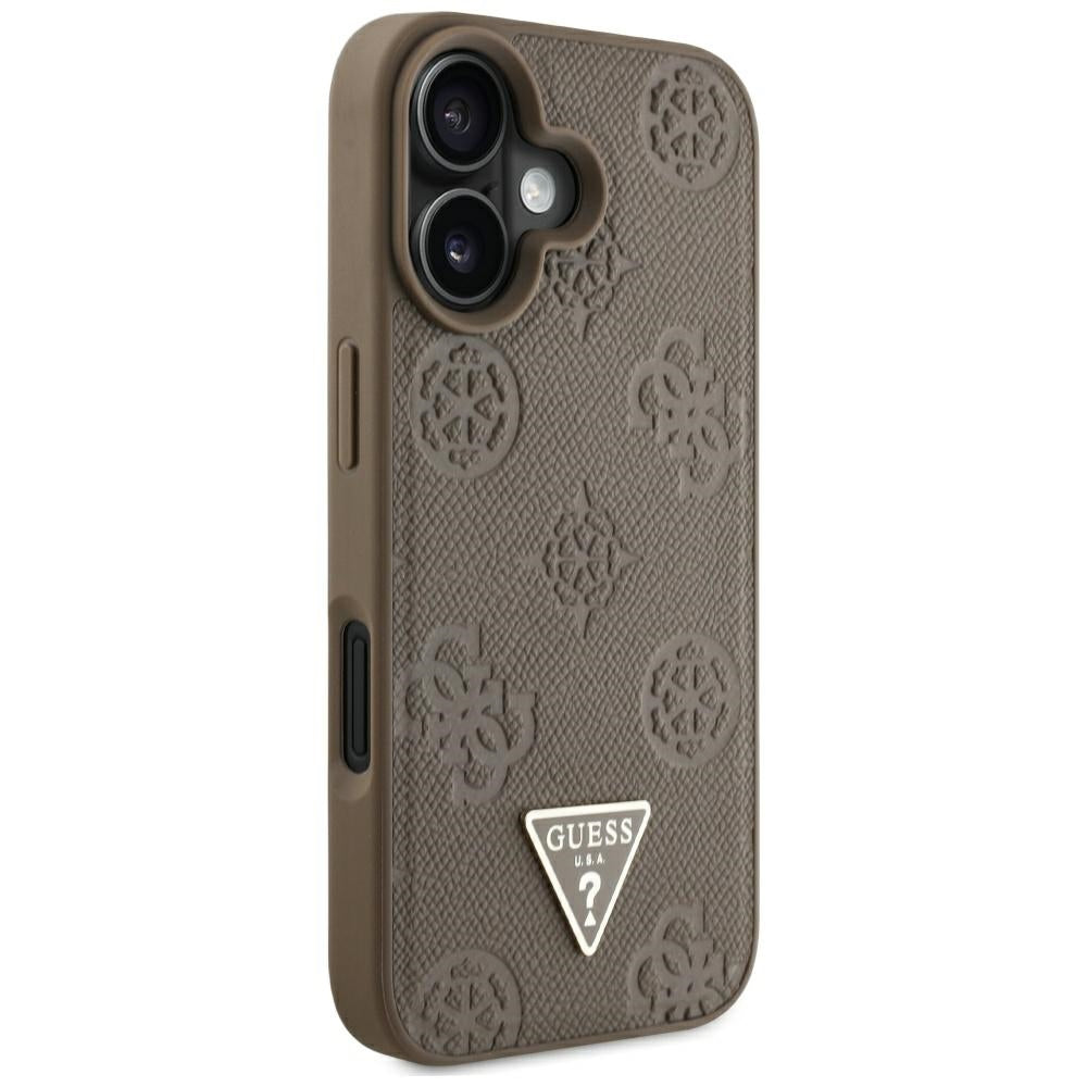 MagSafe tok Apple iPhone 16-hoz, Guess, Peony Grained Hot Stamp Triangle, Barna