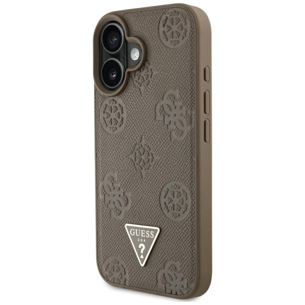 MagSafe tok Apple iPhone 16-hoz, Guess, Peony Grained Hot Stamp Triangle, Barna