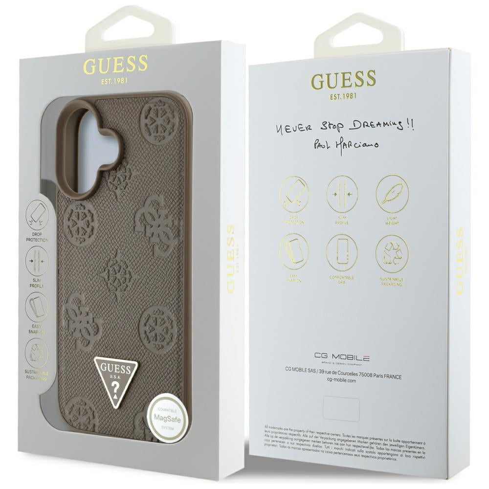 MagSafe tok Apple iPhone 16-hoz, Guess, Peony Grained Hot Stamp Triangle, Barna