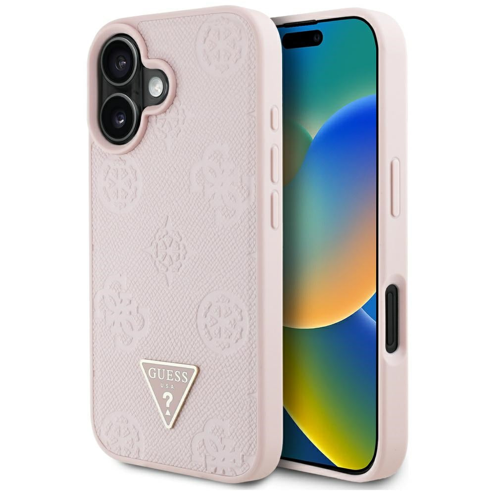 MagSafe tok Apple iPhone 16-hoz, Guess, Peony Grained Hot Stamp Triangle, Rózsaszín