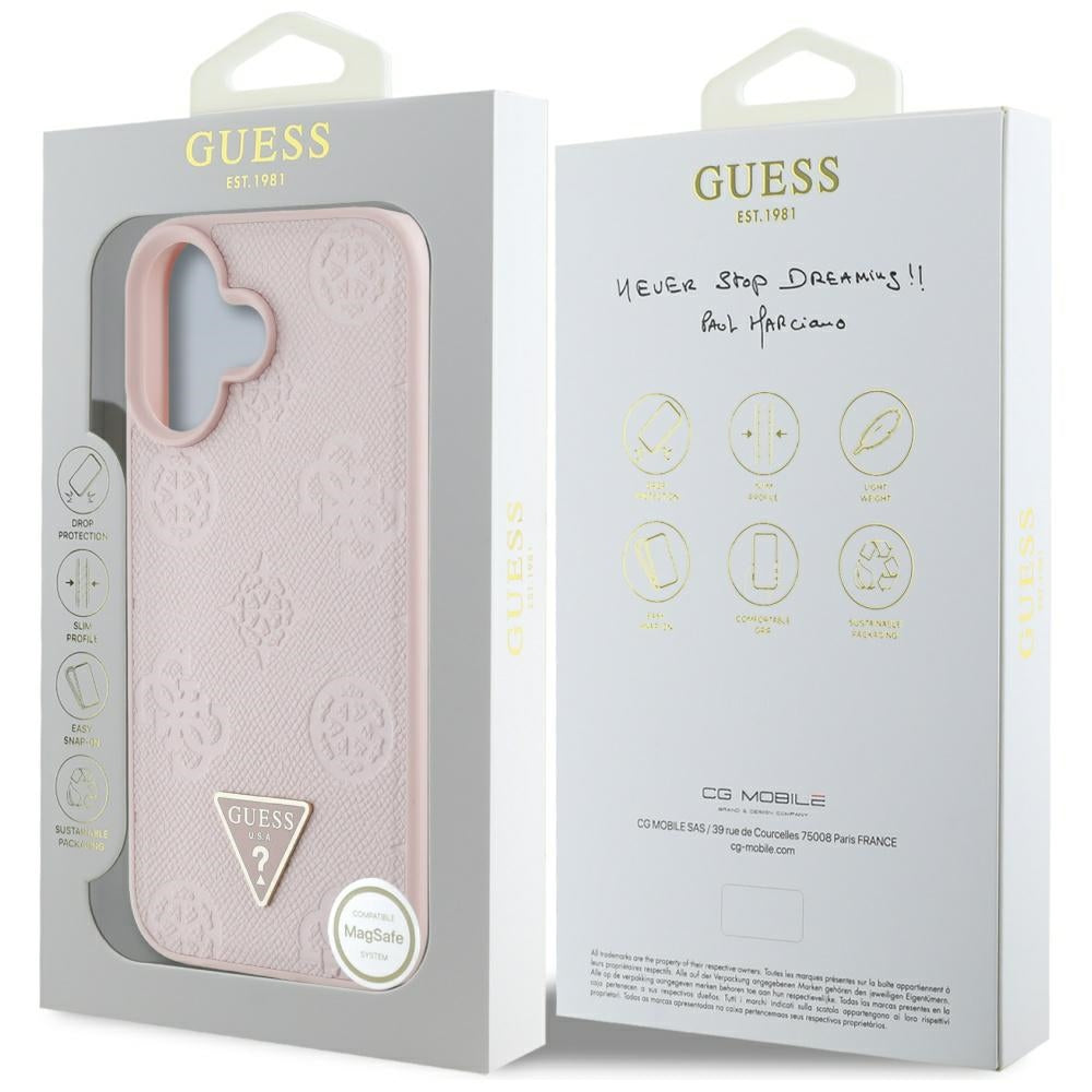 MagSafe tok Apple iPhone 16-hoz, Guess, Peony Grained Hot Stamp Triangle, Rózsaszín