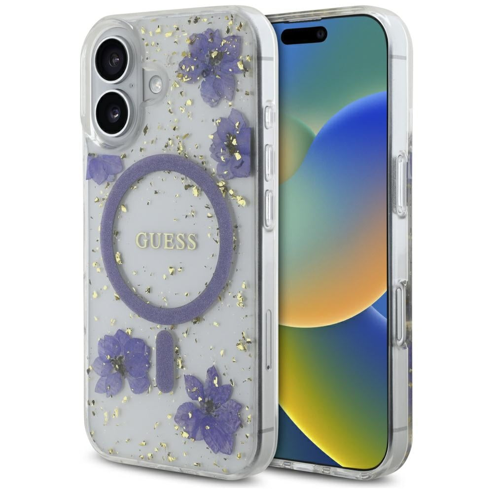 MagSafe tok Apple iPhone 16-hoz, Guess, Gyanta Virágok és Csillám, Lila