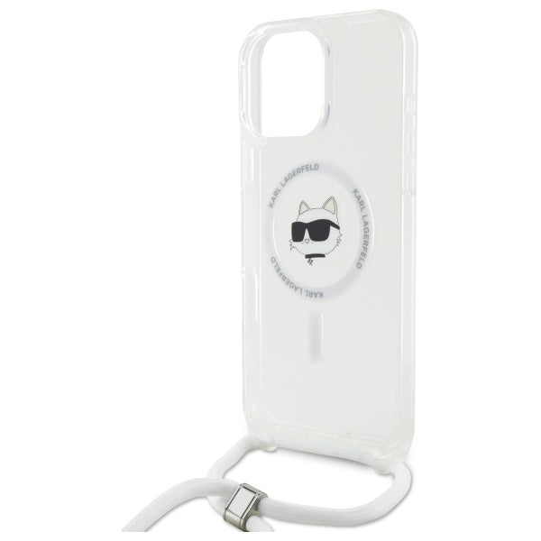 MagSafe Case for Apple iPhone 16, Karl Lagerfeld, IML Crossbody Choupette's Head with Strap, Transparent
