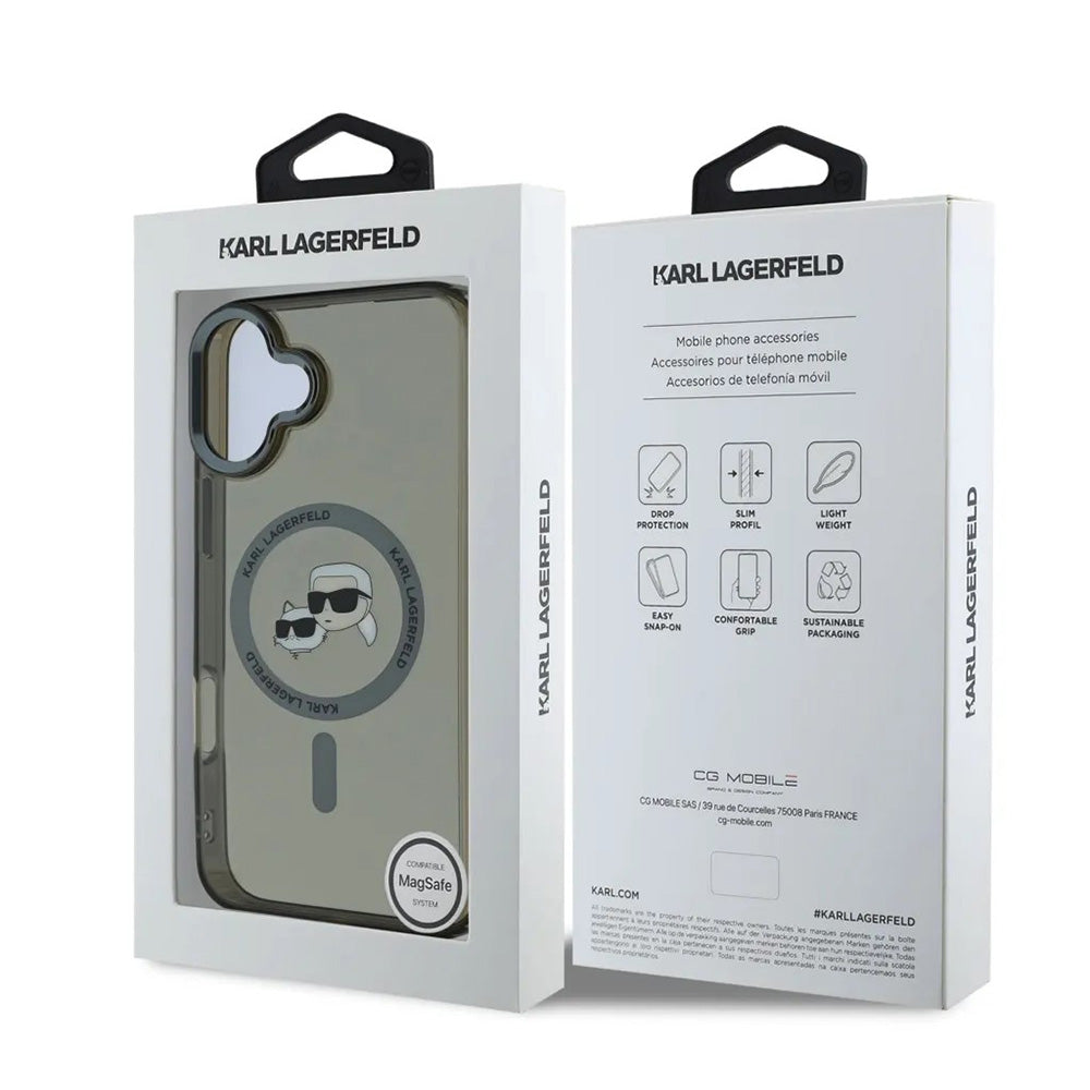 MagSafe Case for Apple iPhone 16, Karl Lagerfeld, IML Metal Karl & Choupette's Heads, Black