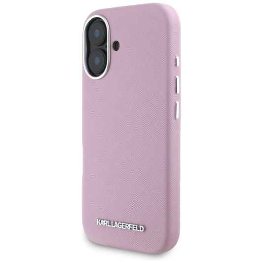 MagSafe tok Apple iPhone 16-hoz, Karl Lagerfeld, Saffiano teljesen beburkolt hosszúkás fém logóval, Rózsaszín